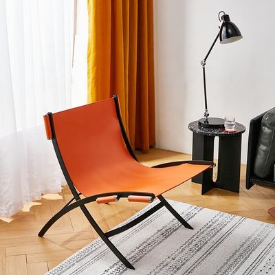 Minimalist Leather Leisure Chairs Orange Saddle Leather Lounge Chair